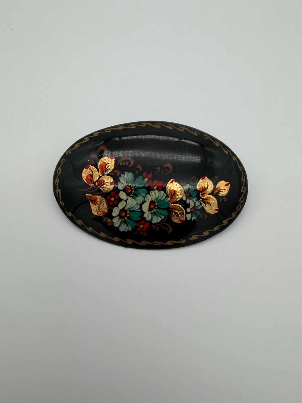 Vintage Russian Hand-Painted & Signed Floral Oval Brooch